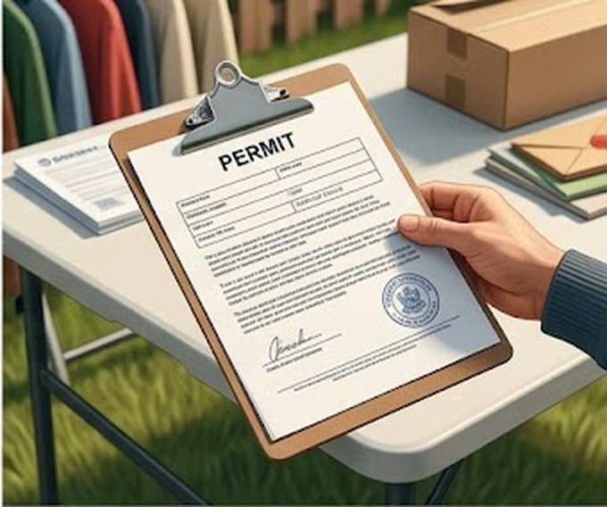 Printed garage sale permit on a clipboard at a sale table