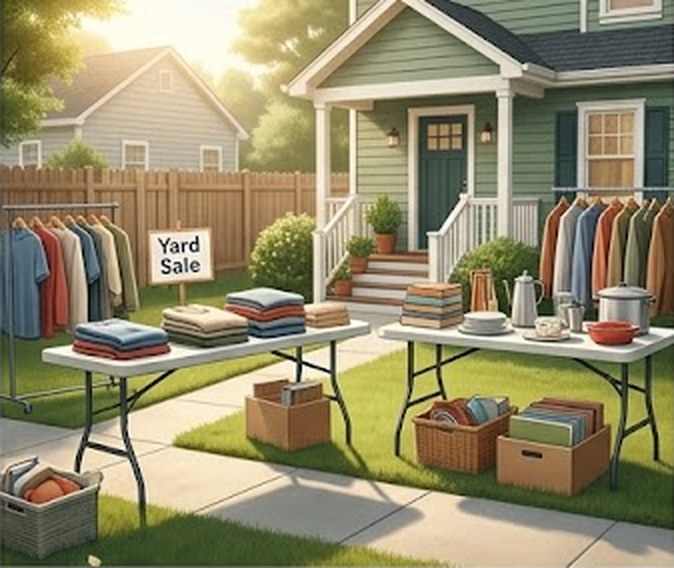 Organized yard sale tables on a sunny Saturday morning